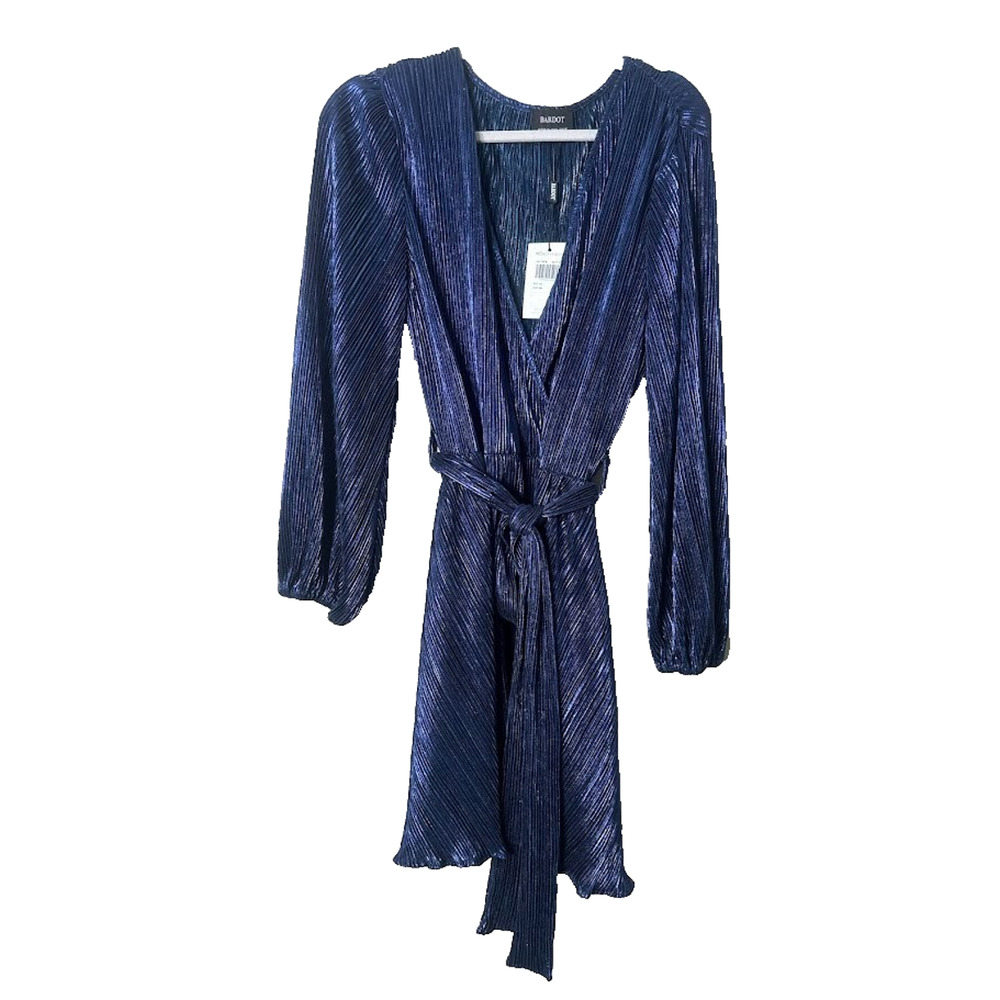 Bardot Bellissa Long Sleeve Metallic Dress Size‎ 10 L Navy Shine Belted Party